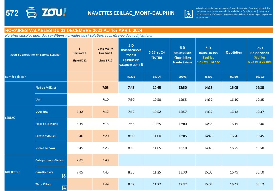 Horaires Ceillac-Guillestre