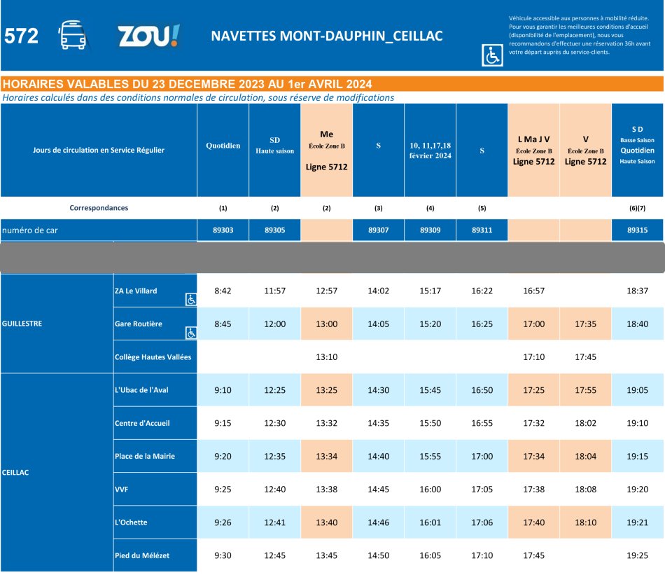 Horaires Guillestre-Ceillac