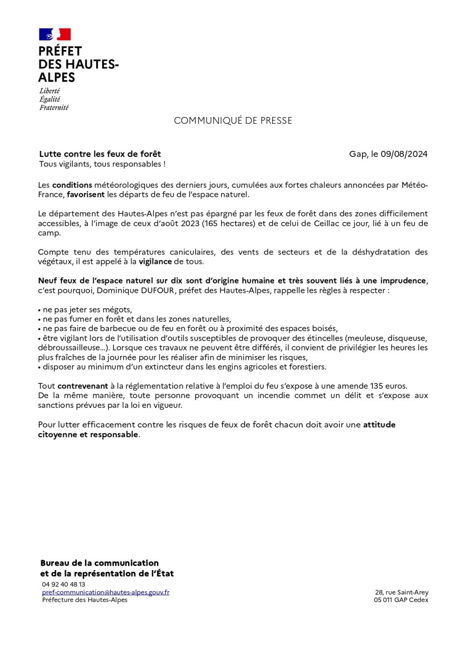 Communiqué préfecture